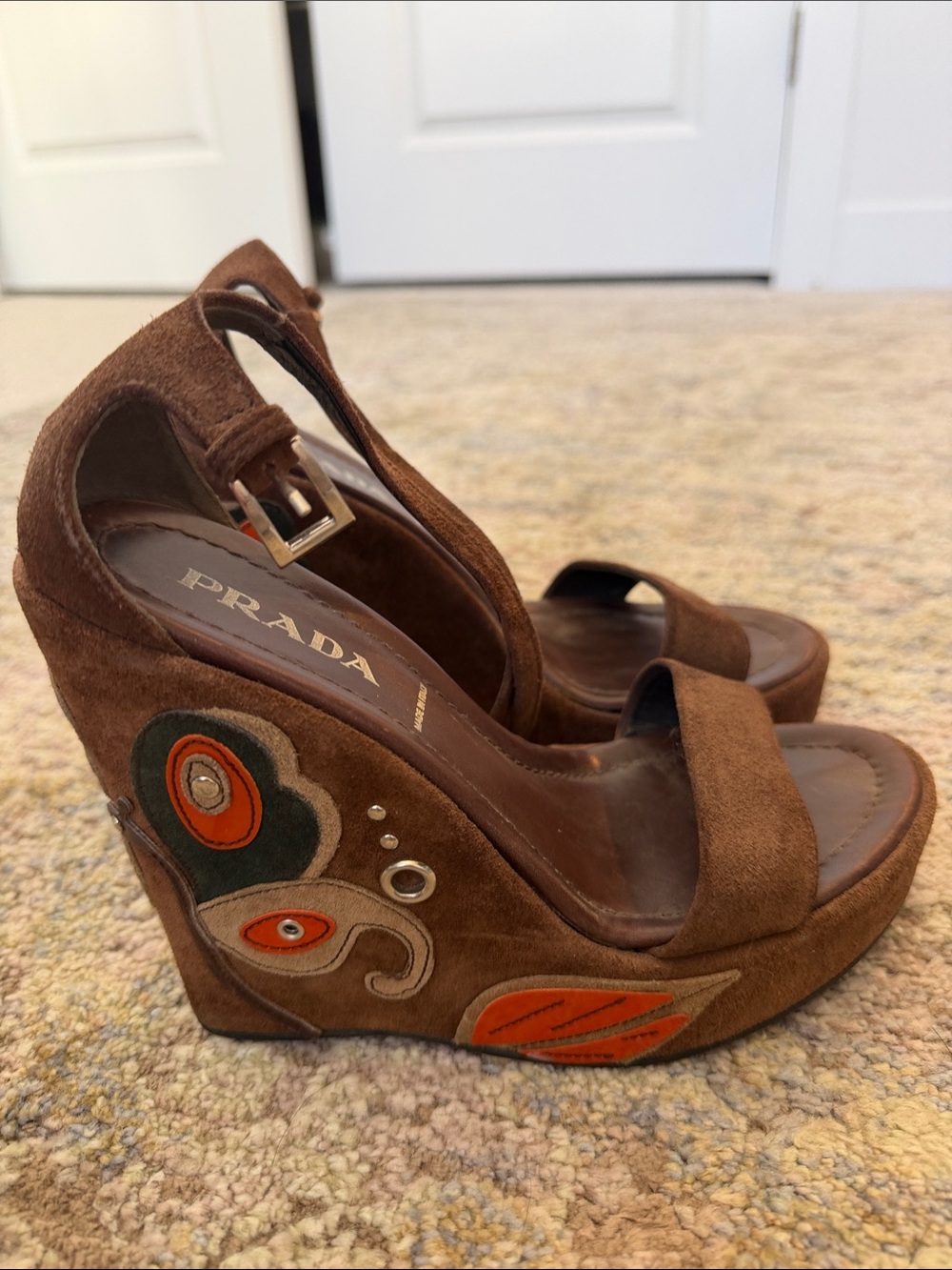 Prada Brown Suede Embroidered Wedge Sandals with Orange & Green Accents